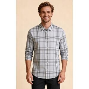 Vince Men’s Plaid Button-Down Shirt Gray White Long Sleeve XL